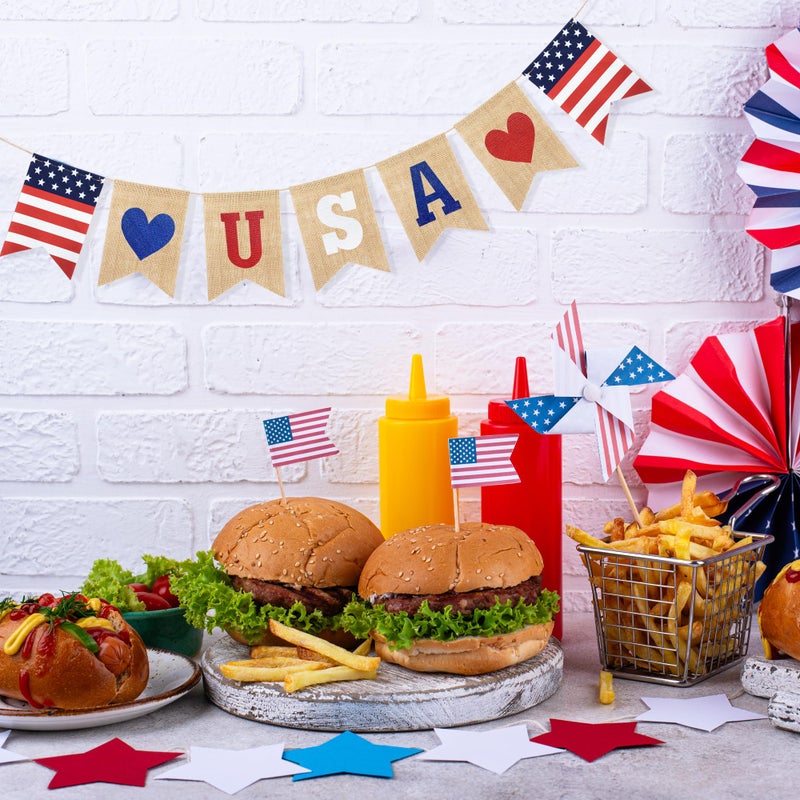 Uniwish USA Banner Burlap Bunting 4th of July Decorations American Independence Day Celebration Red White and Blue Theme Party Supplies - Image 4